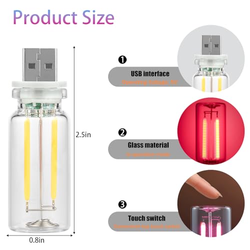 2 Pack Car LED Lights Interior, USB Light for Car Decor & Bedroom, Touch Dimmable Ambient Lighting, Mini Glass Bottle Night Light for Camping Gifts-White - color: white, size: 2 pack