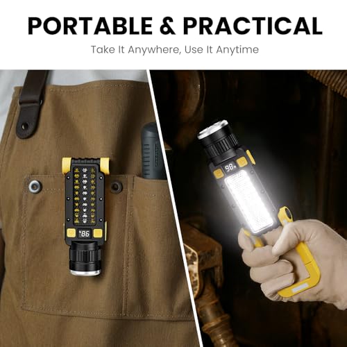 Rechargeable LED Work Light, Magnetic COB Flashlight with Hook & Clamp, 7 Modes Portable Work Lamp with Battery Display for Car Repair, Camping, Emergency(2 Packs) - size: 2 Pack Yellow