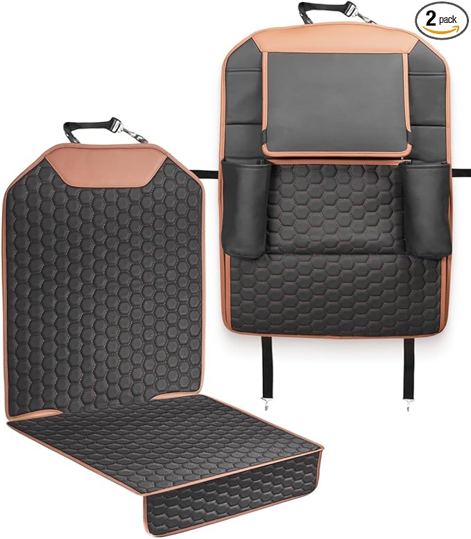 Owleys Set Car Seat Organizer Backseat Back Organizers & Seat Protector Kick Mat Back Of Seat Protector Automotive Organizer Seatback Toy Organization For Kids Behind Black Brown Tan