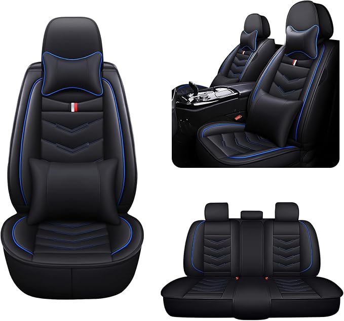 MVRVMV Seat Covers for Ford Bronco 2021-2026, Waterproof Leather Auto Seat Cover with 2* Neck Pillow and 2* Lumbar Support (5 Seat Luxury,Black-Blue)