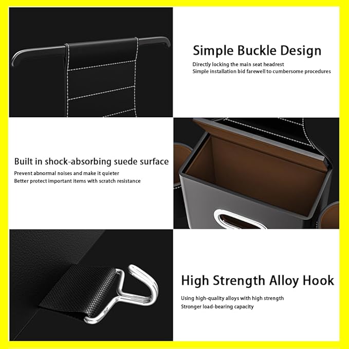 Seat Back Organizer, Full Leather Cover Tissue Case Headrest Storage Box with 2 Cup Holders and Hook Multi-functional Durable Back Seat Storage Tool for Family Travel and Kids Care Brown