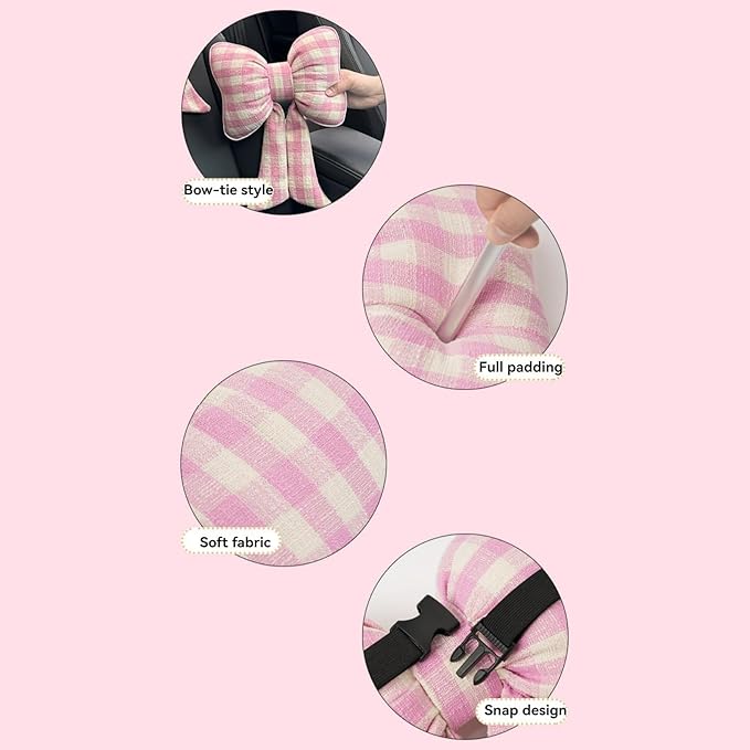 Car Accessories Plaid Bow Headrest Lumbar Pillow 4PCs Set Cotton Linen Elegant Soft Car Seat Cushions for Daily Commuting Trave (Black Plaid,Headrest 2pcs)