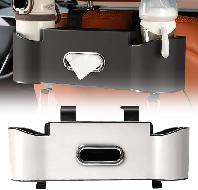 Back Seat Car Organizer with Cup Holder, 2026 New Backseat Car Organizer Back Seat, Multifunctional Car Seat Back Organizer Storage Box with Hooks & Tissue Box, for Drinks, Phone & Handbags (White)