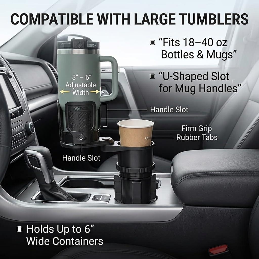 Universal 3-in-1 Car Cup Holder Expander with Removable Ashtray, Adjustable Base & Dual Drink Slots, Heavy-Duty Adapter Fits 18-40oz Bottles and Thermoses for Cars, Trucks, and SUVs