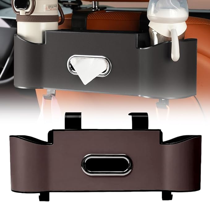 Back Seat Car Organizer with Cup Holder, 2026 New Backseat Car Organizer Back Seat, Multifunctional Car Seat Back Organizer Storage Box with Hooks & Tissue Box, for Drinks, Phone & Handbags (Brown)