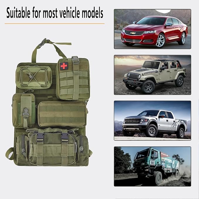 truck seat organizer and storage tactical car back seat back organizer with a Molle Vehicle Panel and 5 Different Size Molle Pouches for most models such as Jeep,SUV,Pickup(Army green)