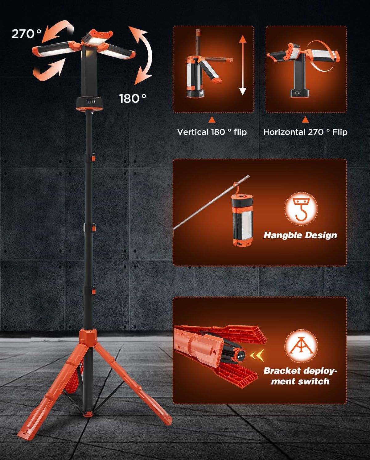 Saker Portable Camping Light with Stand 12000mAh 73.2" Rechargeable Work Light 3200 Lumen Camp Lanterns with Bag for Garage, Outdoor Work, Emergency Power Outages, Fishing LD10 Orange