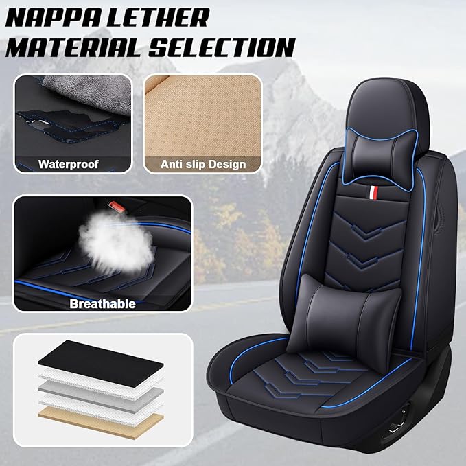 MVRVMV Seat Covers for Ford Ranger 2005-2026, Waterproof Leather Auto Seat Cover with 2* Neck Pillow and 2* Lumbar Support (2 Seat Luxury,Black-Blue)