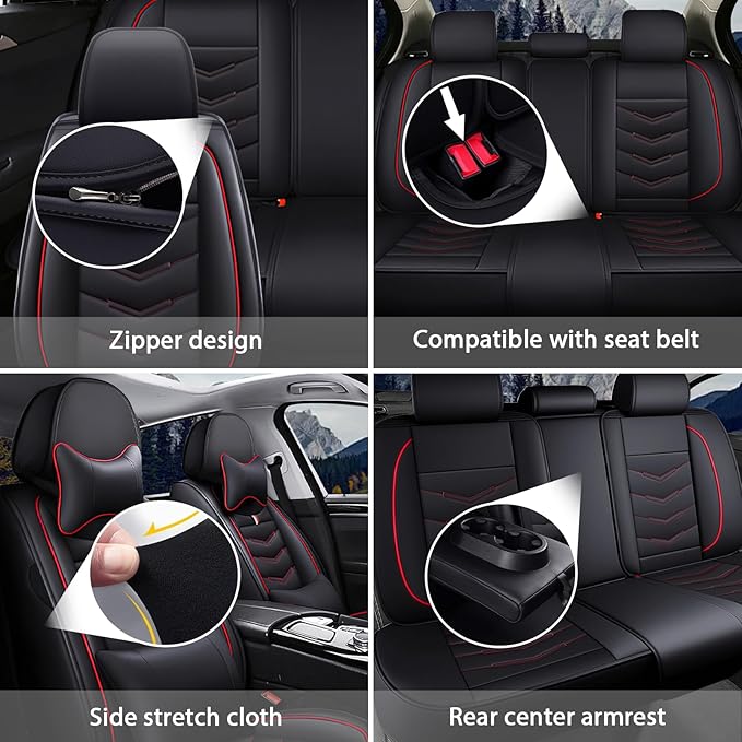 MVRVMV Luxury Car Seat Covers for Ford Explorer 2012-2026, Nappa Leather Auto Seat Cover with 2 Neck Pillows and 2 Lumbar Supports (2 Seat Luxury, Black-Red)