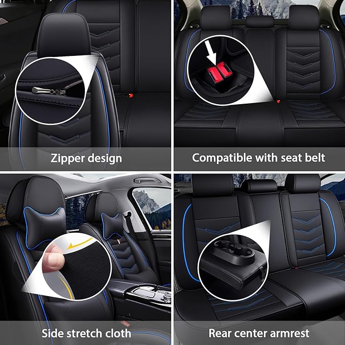 MVRVMV Luxury Car Seat Covers for Honda Pilot 2010-2026, Nappa Leather Auto Seat Cover with 2 Neck Pillows and 2 Lumbar Supports (5 Seat Luxury, Black-Blue)