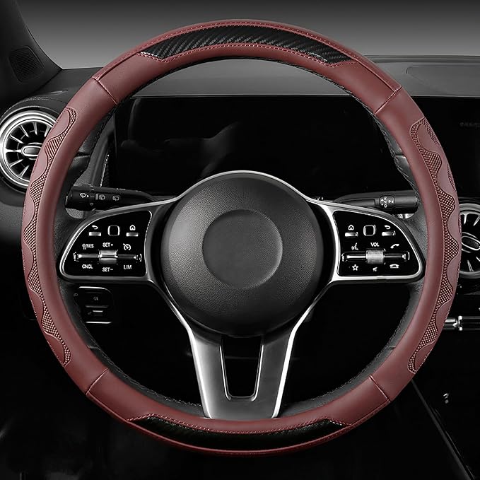 SEG Direct Car Steering Wheel Cover Medium Size 14 1/2"-15" Embossed Microfiber Leather with Carbon Fiber Pattern Burgundy
