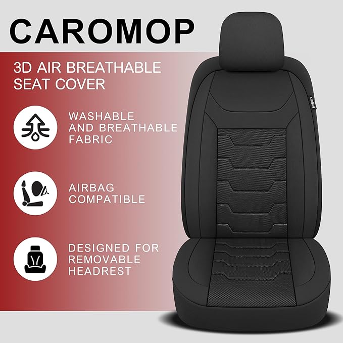 CAROMOP Breathable Car Seat Cover 2 Front Seats, 3D Air Mesh Cloth Seat Covers for Cars, Universal Fit Automotive Car Interior Covers for SUV Vans Sedans Trucks(Black)