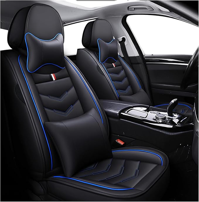 MVRVMV Seat Covers for Ford F-350 2010-2026, Waterproof Leather Auto Seat Cover with 2* Neck Pillow and 2* Lumbar Support (2 Seat Luxury,Black-Blue)