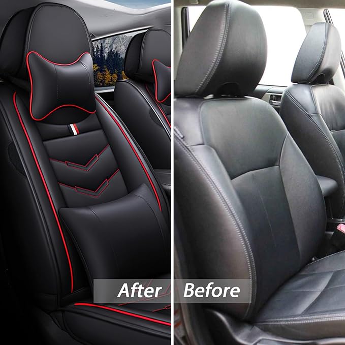 MVRVMV Luxury Car Seat Covers for Ford Explorer 2012-2026, Nappa Leather Auto Seat Cover with 2 Neck Pillows and 2 Lumbar Supports (2 Seat Luxury, Black-Red)