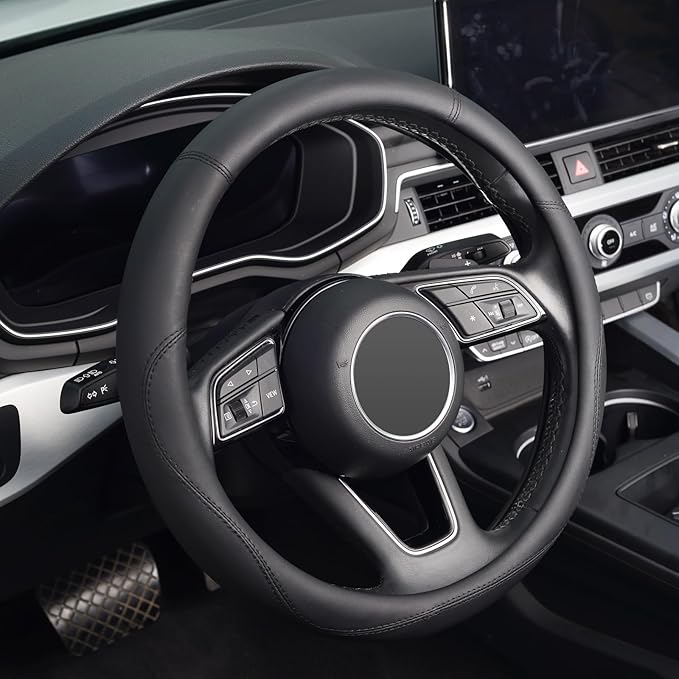 KAFEEK Black Steering Wheel Cover, Universal 15 inch, Microfiber Leather Black, Soft and Odorless, Durable Leather Cover with Anti-Slip Lining