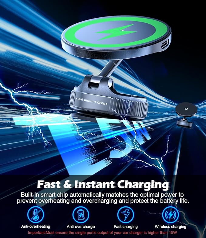 CloudValley 15W Wireless Fast Charging Car Phone Mount, Nano Gel Vacuum Suction Magnetic Phone Holder, 360° Adjustable Car Mount for iPhone 17/16/15/14/13, Strong Grip on Rough Surfaces