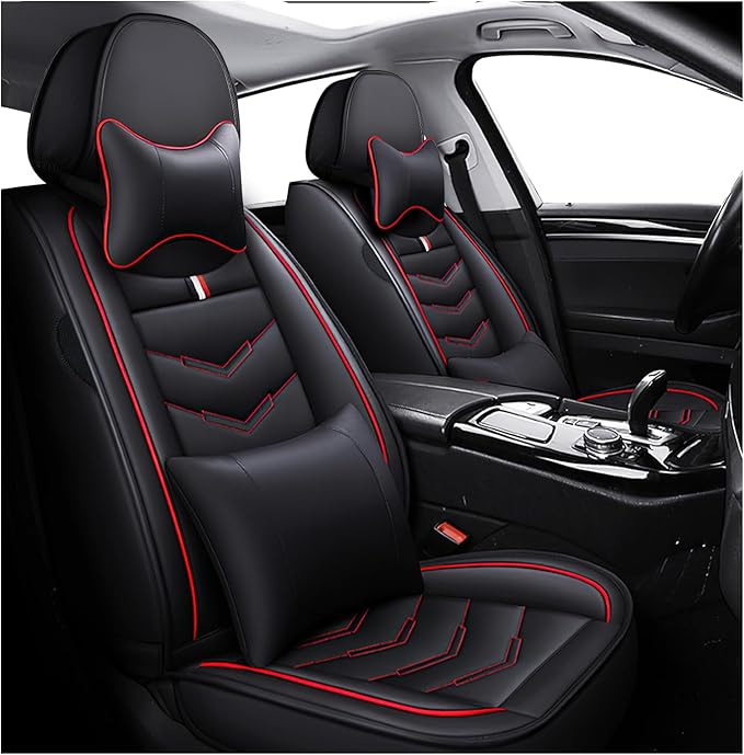 MVRVMV for Ford Expedition 2007-2026 Seat Covers, Waterproof Leather Seat Cover with 2* Neck Pillow and 2* Lumbar Support (2 Seat Luxury,Black-Red)