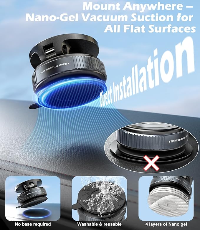 CloudValley 15W Wireless Fast Charging Car Phone Mount, Nano Gel Vacuum Suction Magnetic Phone Holder, 360° Adjustable Car Mount for iPhone 17/16/15/14/13, Strong Grip on Rough Surfaces