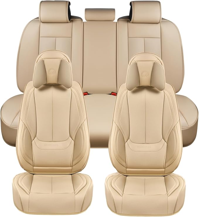Coverado Universal Seat Covers Full Set, 5 Seats Universal Seat Covers for Cars, Waterproof NAPPA Leather Car Seat Covers with Head Pillow, Auto Protectors Fit for Most Sedans SUV Pick-up Truck, Beige