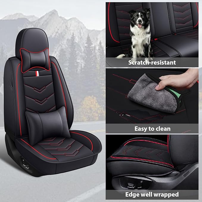 MVRVMV Luxury Car Seat Covers for Honda Pilot 2010-2026, Nappa Leather Auto Seat Cover with 2 Neck Pillows and 2 Lumbar Supports (5 Seat Luxury, Black-Red)