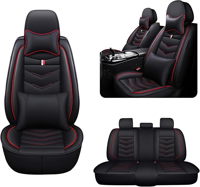 MVRVMV for Ford F-350 2010-2026 Seat Covers, Waterproof Leather Seat Cover with 2* Neck Pillow and 2* Lumbar Support (5 Seat Luxury,Black-Red)