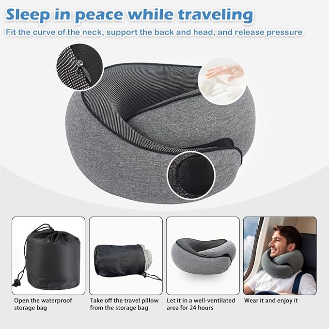 Travel Neck Pillow for Airplane, Adults Memory Foam Neck Pillow for Traveling, Ergonomic Neck Support for Airplane Sleeping, Car, Airport Travel Pillow, Portable Adults Turtle Plan Pillows (Grey)