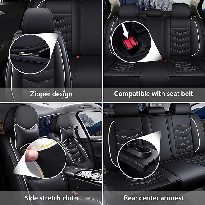 MVRVMV Luxury Car Seat Covers for Honda Pilot 2010-2026, Wear-Resistant Front and Rear Seat Cover with 2* Neck Pillow and 2* Lumbar Support (8 Seat Luxury, Black-White