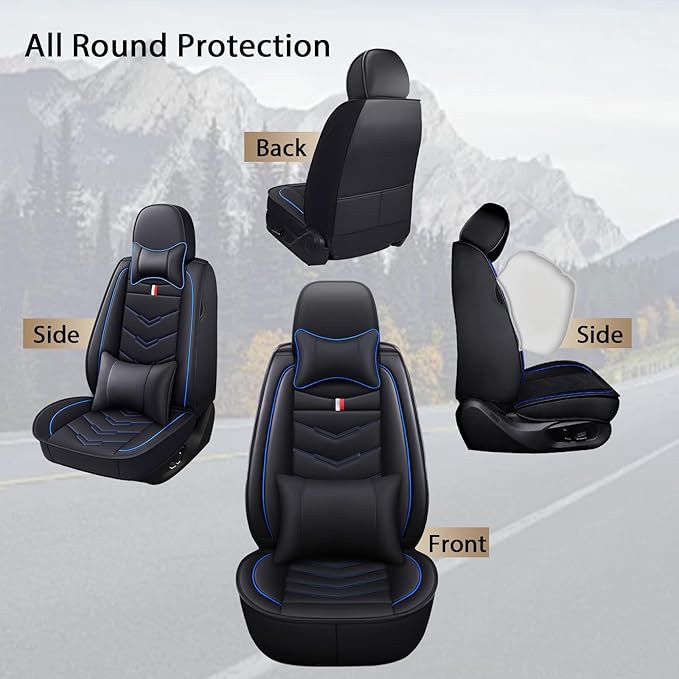 MVRVMV Seat Covers for Ford Explorer 2007-2026, Waterproof Leather Auto Seat Cover with 2* Neck Pillow and 2* Lumbar Support (2 Seat Luxury,Black-Blue)