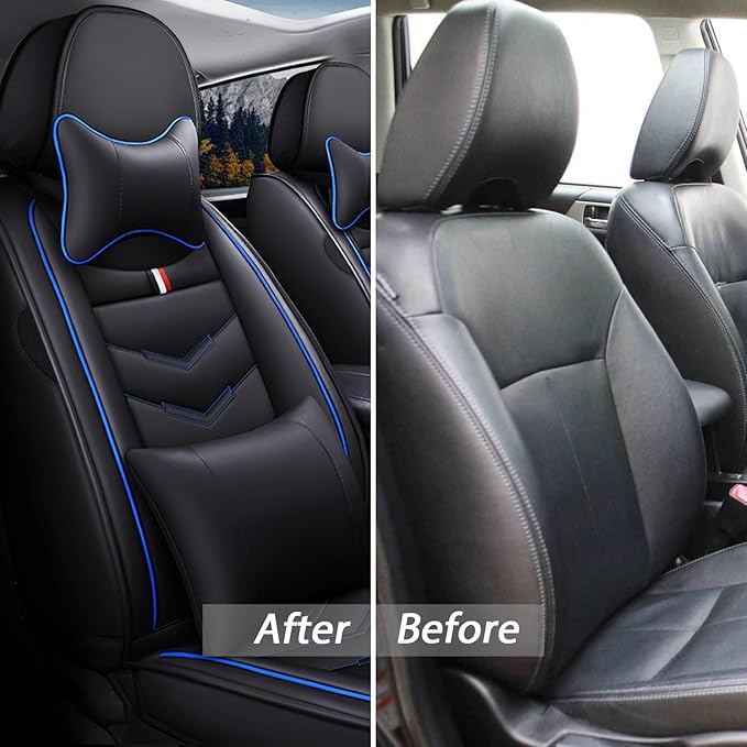 MVRVMV Seat Covers for Ford Explorer 2007-2026, Waterproof Leather Auto Seat Cover with 2* Neck Pillow and 2* Lumbar Support (2 Seat Luxury,Black-Blue)