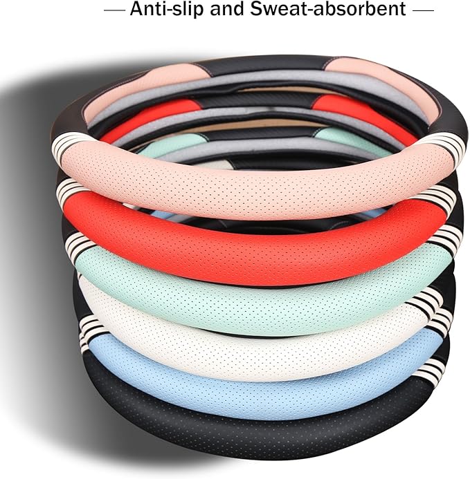 14 inch Cute Steering Wheel Cover for Women Men Faux Leather and Carbon Fiber,Black and Blue