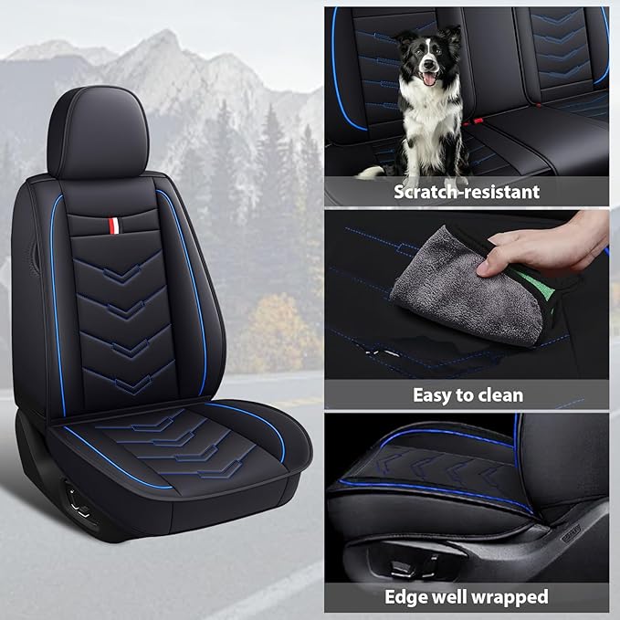 MVRVMV 2-Seat Car Seat Covers for Honda Pilot 2010-2026, Waterproof Non-Slip Wear-Resistant Leather Seat Cover (2 Seat Standard, Black-Blue)