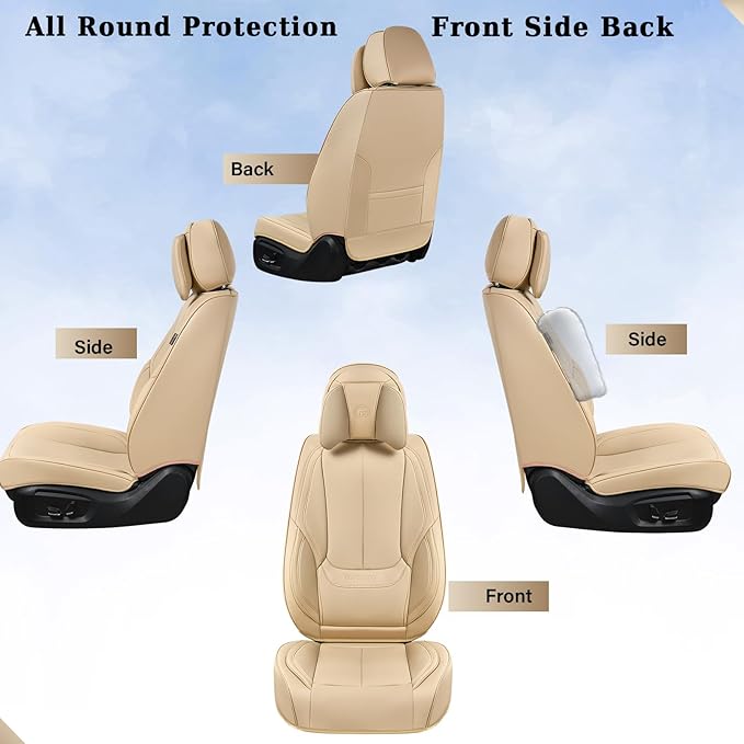 Coverado Universal Seat Covers Full Set, 5 Seats Universal Seat Covers for Cars, Waterproof NAPPA Leather Car Seat Covers with Head Pillow, Auto Protectors Fit for Most Sedans SUV Pick-up Truck, Beige