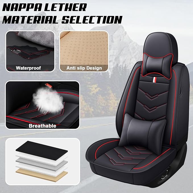 MVRVMV for Ford Ranger 2005-2026 Seat Covers, Waterproof Leather Seat Cover with 2* Neck Pillow and 2* Lumbar Support (5 Seat Luxury,Black-Red)
