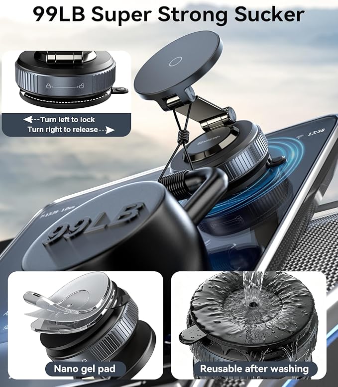 Vacuum Magnetic Phone Holder, 360° Adjustable Magnetic Car Phone Holder, 2025 Upgraded Magsafe Suction Cup Phone Mount for Your Car/Gym/Mirror Mount for iPhone & Android