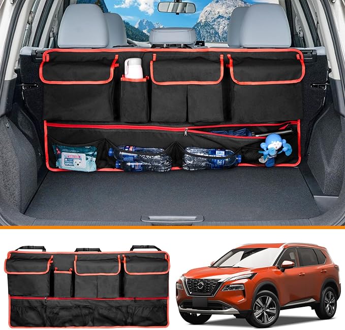 Back Seat Organizer Compatible with SUV Hanging Trunk Storage Bag, All-Weather Trunk Accessories Seat Back Organizer for SUV, Car Interior Accessories(Black and Red)