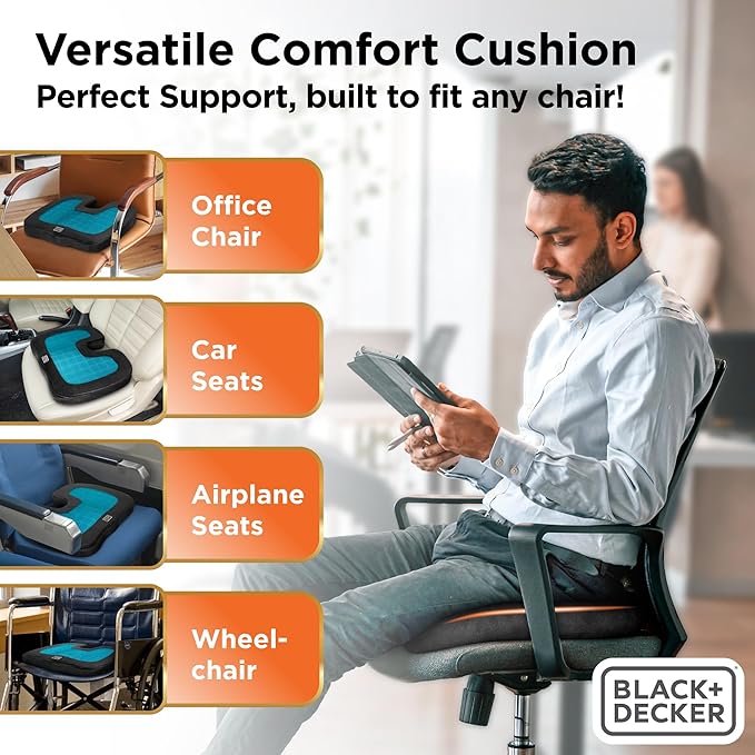 BLACK+DECKER Gel Seat Cushion – Gaming Chair & Office Chair Cushion with Cooling Memory Foam for Sciatica Pain Relief – Ergonomic Car, Desk, Airplane Travel Pillow, Washable Cover, Non-Slip