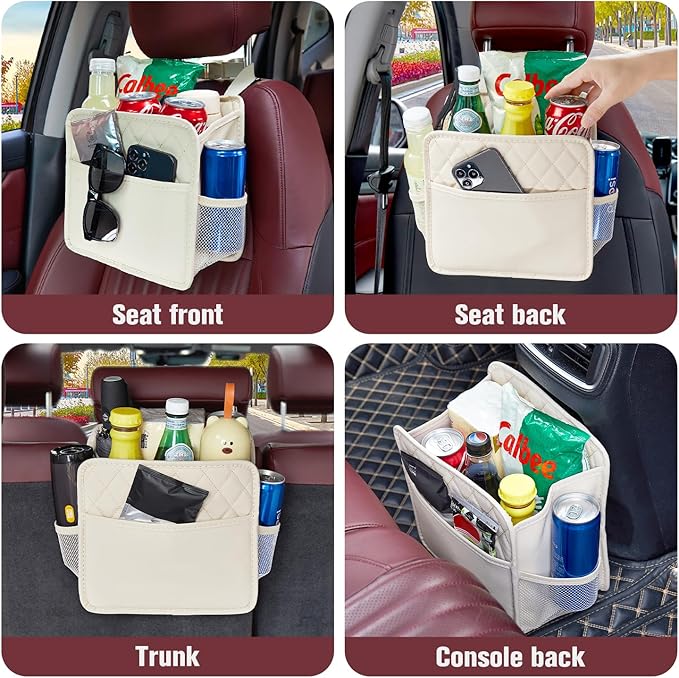 LXUNYI Car Seat Organizer,2 Pack Waterproof Pu Leather Backseat Car Organizer and Storage Bag Foldable Universal Hanging Car Seat Back Organizers for Kids & Adults (Beige 2Pack)
