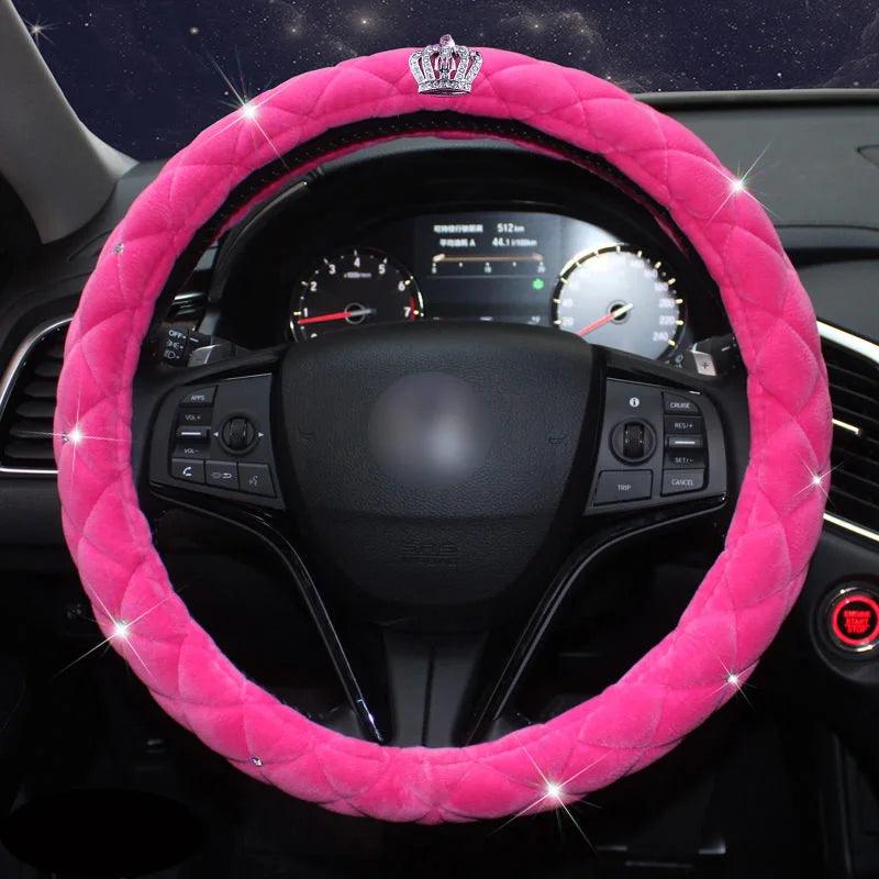 Pink Plush Diamond Crown Steering Wheel Cover